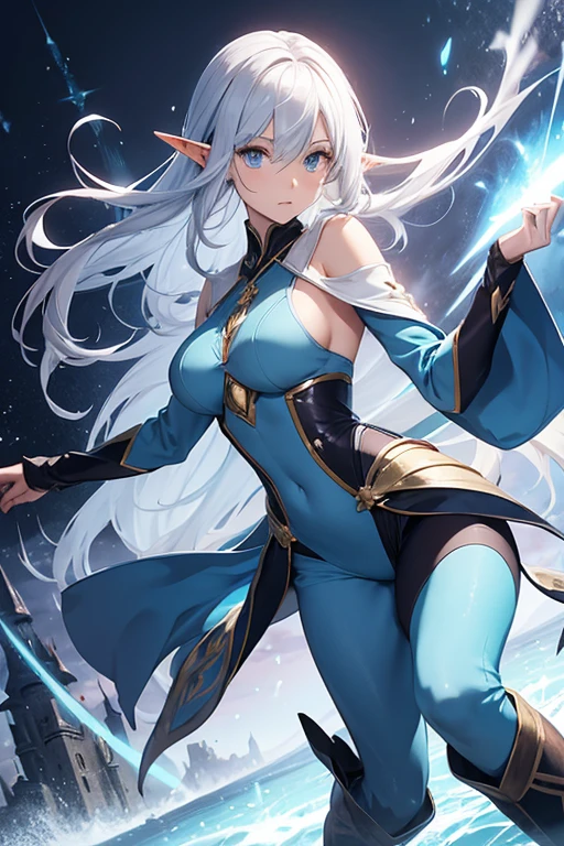 Professor Elowen Mistralight, a 25-year-old elf woman, medium height and delicate elf with silver hair, mysterious and penetrating light blue eyes, He wears a robe with patterns of wind and water, tight light blue fabric pants, long, with navy blue riding boots, the boots reach the knee, a magic wand and castle background, anime style. Individual image of her in full body. He is in action pose. Has one leg raised with the knee bent, His mouth is slightly open as if he had exercised a lot.. He has light skin. She has her hair down and blowing in the wind.. feminine and sexy body.