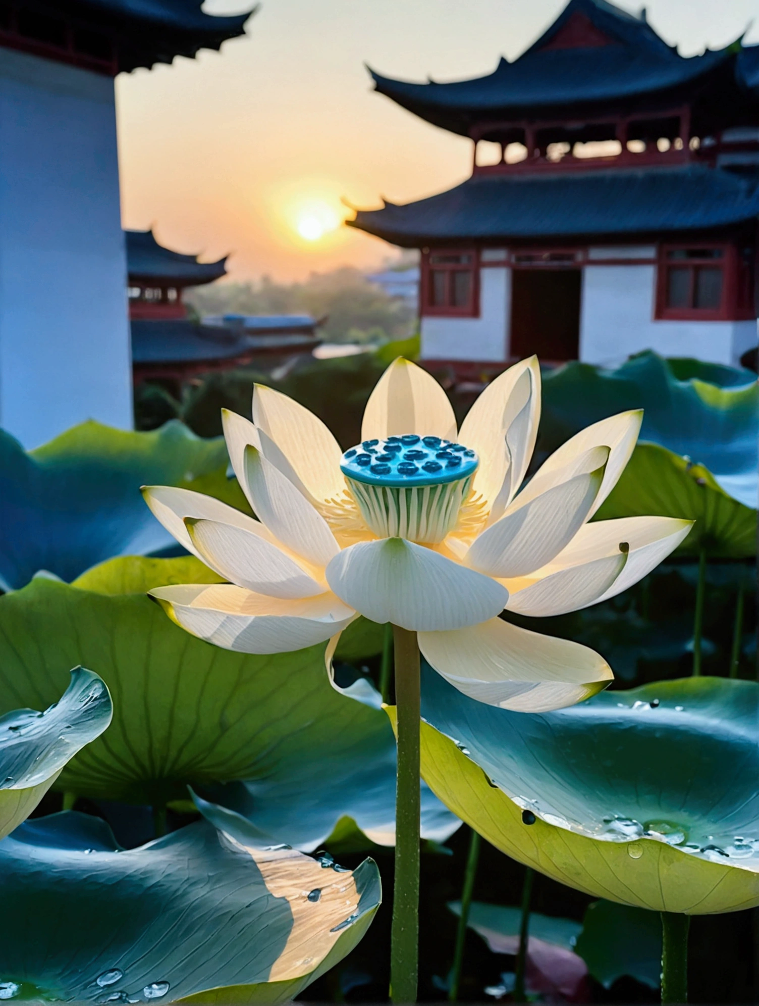 There are a lot of dew on the light white lotus，There is a Chinese building behind，There is a beautiful sunset，Real photography,Fresh and natural picture，best quality, high resolution, 16K
