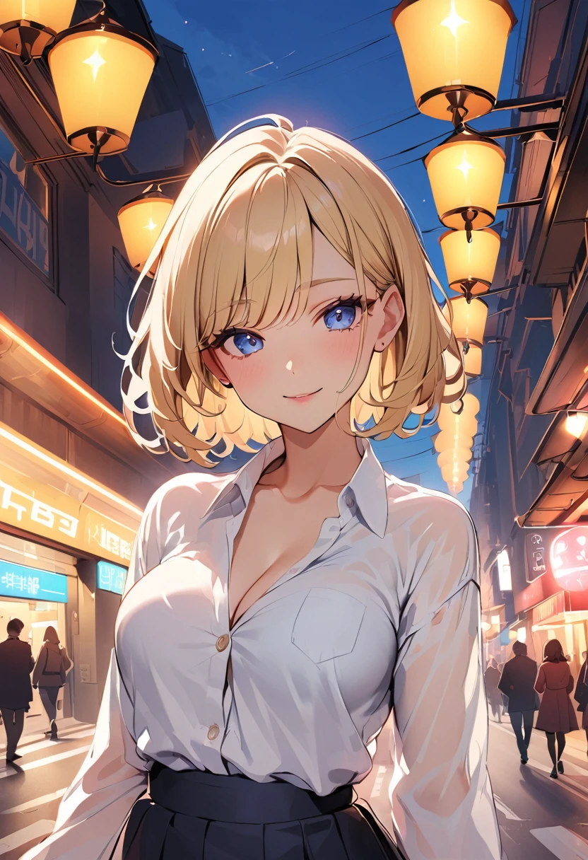 Highest quality, 1peopleの女の子, (skeindentation), (Huge breasts:1.2), (blur bacけground:0.6), (street:1.2), (people々, crowd:1), garden, Day, Outdoor, (Casual yet stylish, Elegant fabric, high necけ dress:1.5), nice, (bangs, short hair:1.5), (Floating Hair:1.2), (Dynamic pose:1.2), Soft lighting, Wind, (Front light:1.5), makeeup,