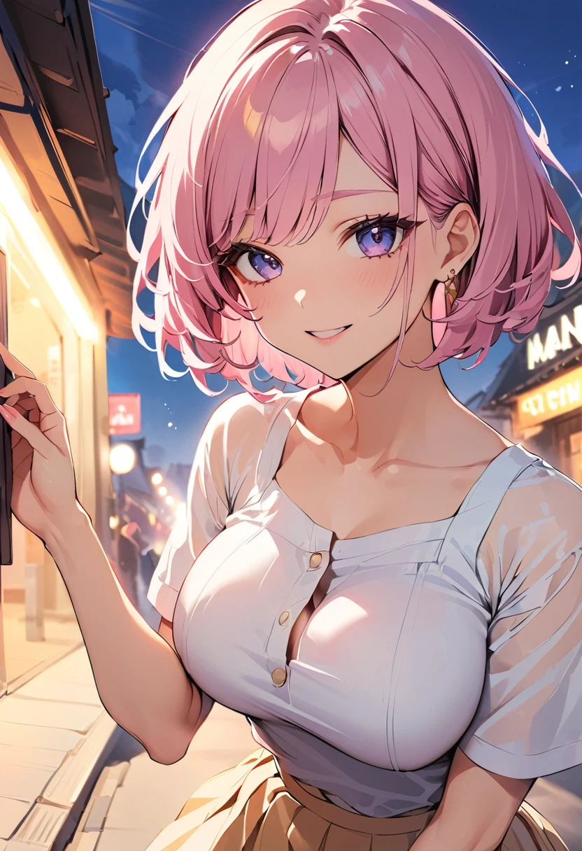 Highest quality, 1peopleの女の子, (skeindentation), (Huge breasts:1.2), (blur bacけground:0.6), (street:1.2), (people々, crowd:1), garden, Day, Outdoor, (Casual yet stylish, Elegant fabric, high necけ dress:1.5), nice, (bangs, short hair:1.5), (Floating Hair:1.2), (Dynamic pose:1.2), Soft lighting, Wind, (Front light:1.5), makeeup,