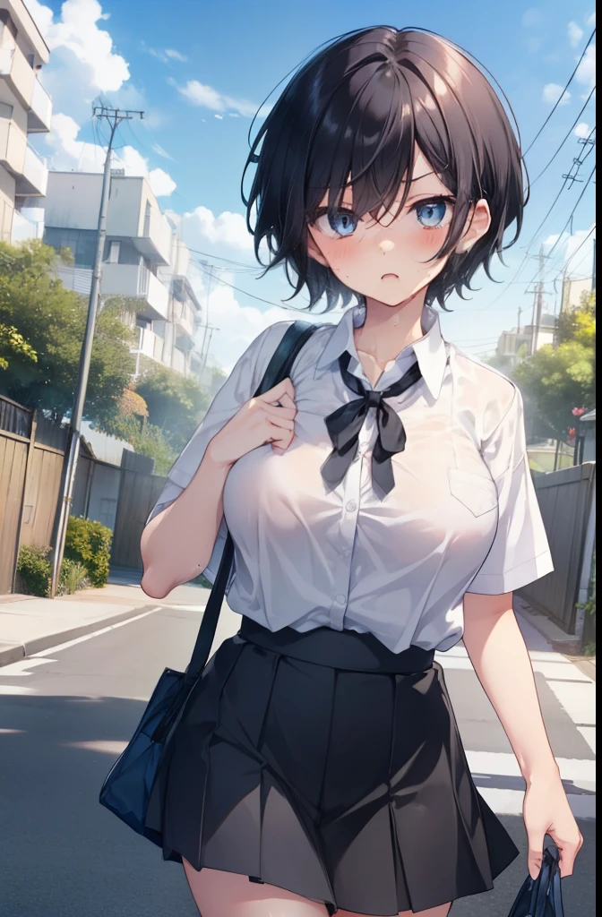 Residential Street,road,Girl 1,boyish,Very short hair,Black Hair,blush,Sweat,blue eyes,Summer uniform,mini skirt,White shirt,Running in a hurry,sun,cloud,Big Breasts,Open your mouth wide,Sigh,Serious face,Carrying a bag,Cowboy Shot,