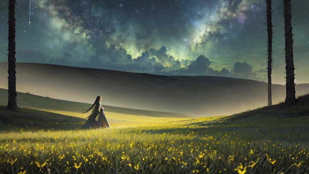 1girl,a field of lush green grass, sparse colorful wildflowers, starry night sky, gentle breeze, detailed foreground, dramatic lighting, cinematic composition, vibrant colors, fantasy landscape, ethereal atmosphere, (best quality,4k,8k,highres,masterpiece:1.2),ultra-detailed,(realistic,photorealistic,photo-realistic:1.37),intricate details,dramatic lighting,vivid colors,cinematic composition,ethereal atmosphere