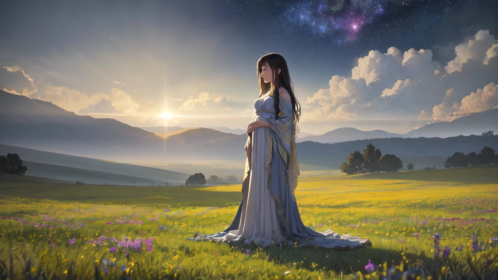 1girl,a field of lush green grass, sparse colorful wildflowers, starry night sky, gentle breeze, detailed foreground, dramatic lighting, cinematic composition, vibrant colors, fantasy landscape, ethereal atmosphere, (best quality,4k,8k,highres,masterpiece:1.2),ultra-detailed,(realistic,photorealistic,photo-realistic:1.37),intricate details,dramatic lighting,vivid colors,cinematic composition,ethereal atmosphere