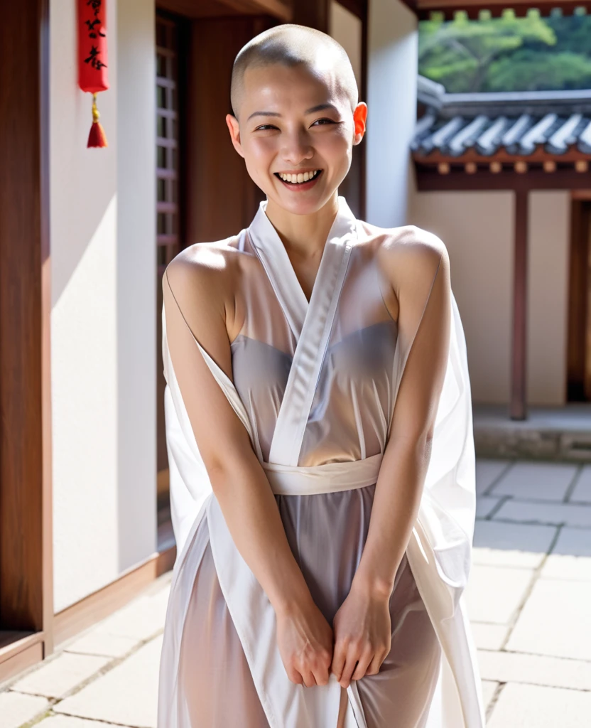 Japanese nun in a transparent robe、monastery、Shaved hair、Shaved Head、Touching the body、Ecstatic expression