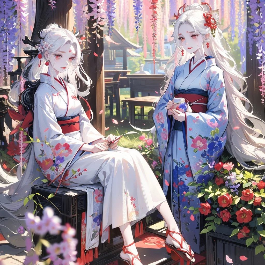 1 girl, long hair, white hair, cute big eyes, wavy hair, pale skin, makeup, red lips, sitting, sitting in field, holding flowers, fullbody, kimono, hanfu, floral print, (Beautifully Aesthetic:1.2),field, wisteria, peace, tranquility, serenity, petals