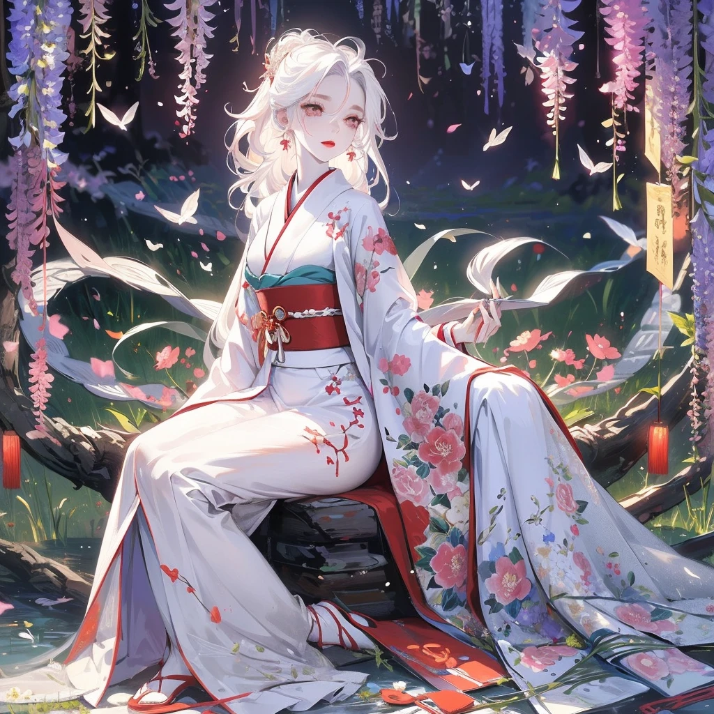 1 girl, long hair, white hair, cute big eyes, wavy hair, pale skin, makeup, red lips, sitting, sitting in field, holding flowers, fullbody, kimono, hanfu, floral print, (Beautifully Aesthetic:1.2),field, wisteria, peace, tranquility, serenity, petals