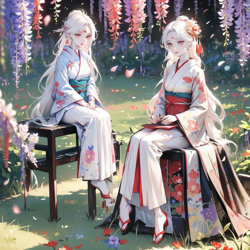 1 girl, long hair, white hair, cute big eyes, wavy hair, pale skin, makeup, red lips, sitting,  sitting in field, holding flowers, fullbody, kimono, hanfu, floral print, (Beautifully Aesthetic:1.2),field, wisteria, peace, tranquility, serenity, petals