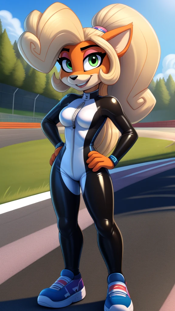 Best Quality, very detailed, highres, full body:2.1, complete body, uploaded the e621, beautiful and detailed, toon style, BREAK, by tom_fischbach, solo:1.7, female furry, teenage, animal ears, blonde hair, green eyes, ponytail, wavy hair, flat chest:1.4, coco bandicoot in a skintight latex racing suit on a racing road course, hand on hips, sexy pose, happy, sunny day.