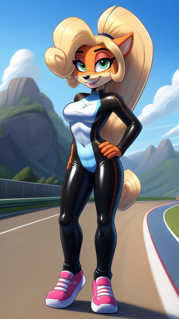 Best Quality, very detailed, highres, full body:2.1, complete body, uploaded the e621, beautiful and detailed, toon style, BREAK, by tom_fischbach, solo:1.7, female furry, teenage, animal ears, blonde hair, green eyes, ponytail, wavy hair, flat chest:1.4, coco bandicoot in a skintight latex racing suit on a racing road course, hand on hips, sexy pose, happy, sunny day.