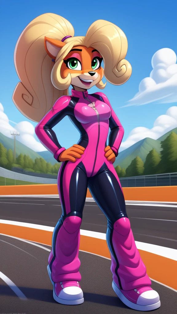 Best Quality, very detailed, highres, full body:2.1, complete body, uploaded the e621, beautiful and detailed, toon style, BREAK, by tom_fischbach, solo:1.7, female furry, teenage, animal ears, blonde hair, green eyes, ponytail, wavy hair, flat chest:1.4, coco bandicoot in a skintight latex racing suit on a racing road course, hand on hips, sexy pose, happy, sunny day.