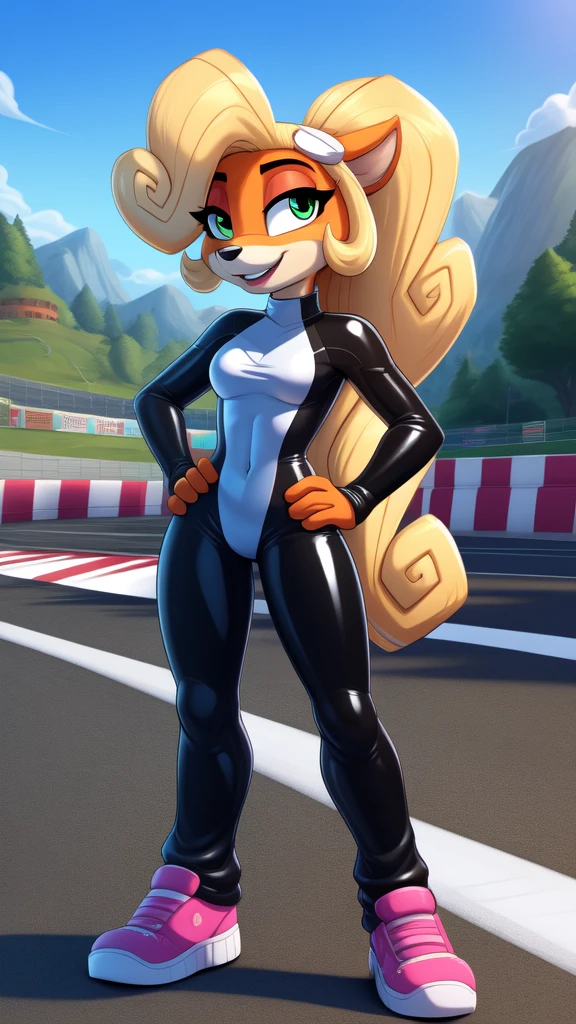 Best Quality, very detailed, highres, full body:2.1, complete body, uploaded the e621, beautiful and detailed, toon style, BREAK, by tom_fischbach, solo:1.7, female furry, teenage, animal ears, blonde hair, green eyes, ponytail, wavy hair, flat chest:1.4, coco bandicoot in a skintight latex racing suit on a racing road course, hand on hips, sexy pose, happy, sunny day.