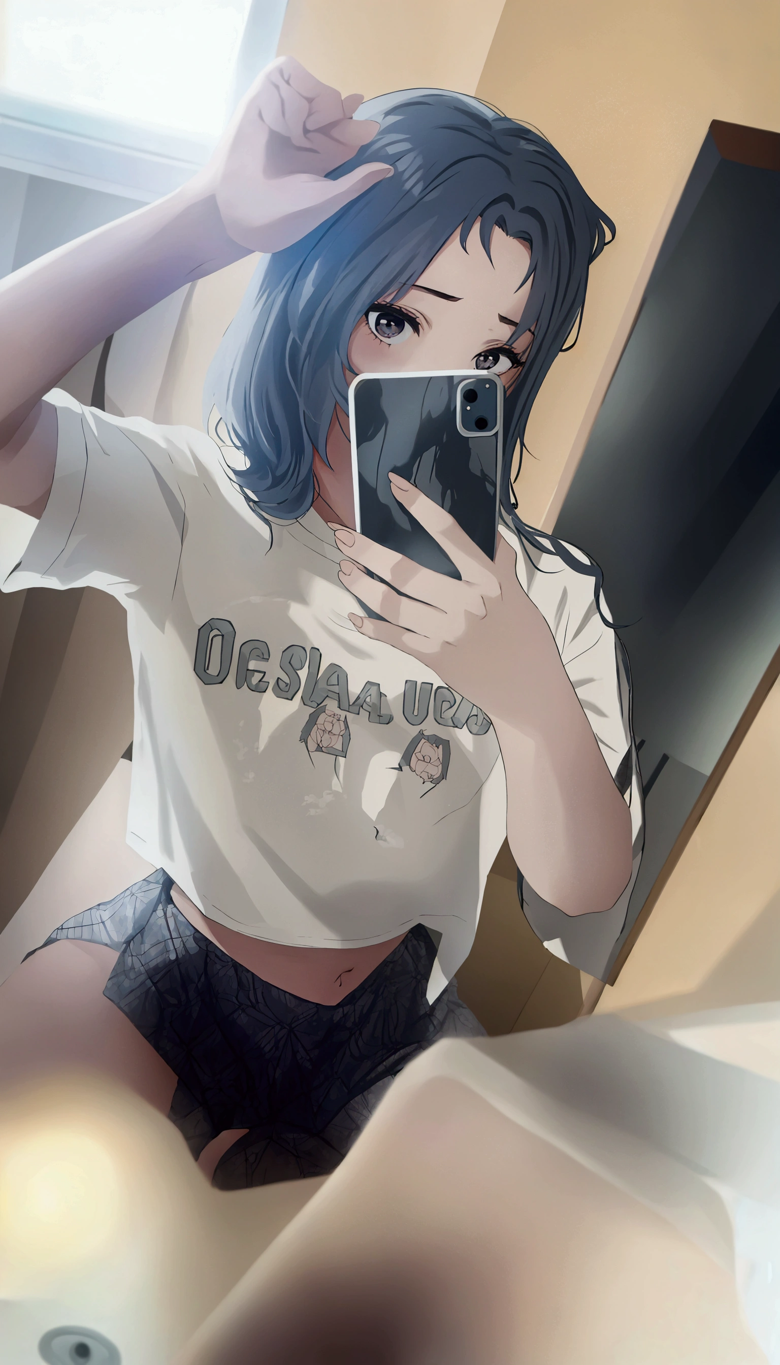 A woman is taking a selfie in the mirror, 破れたクロップT-Shirts, Crop top, 2263539546], Ulzzang, 1 8 is, Low quality photos, 👅 👅, 2 4-year-old female model, T-Shirts, Chiho, Gray hair black hair, 20-year-old, Two 0&#39;s