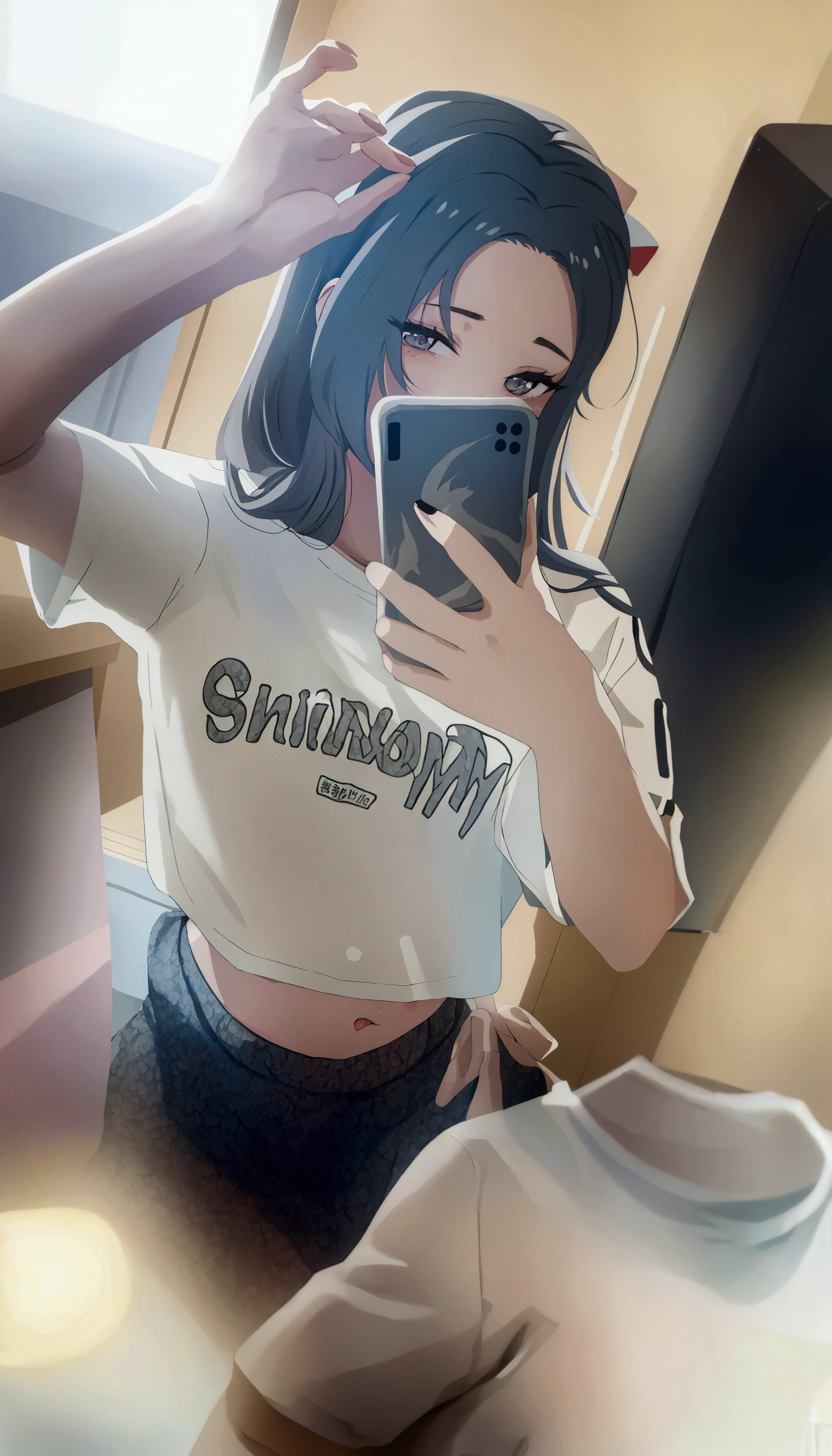 A woman is taking a selfie in the mirror, 破れたクロップT-Shirts, Crop top, 2263539546], Ulzzang, 1 8 is, Low quality photos, 👅 👅, 2 4-year-old female model, T-Shirts, Chiho, Gray hair black hair, 20-year-old, Two 0&#39;s