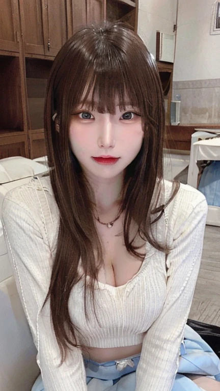 Bright expression、Photorealism、Highest quality、Ultra-high resolution、picture、Photos of the most beautiful Scandinavian girls、A cute and beautiful face down to the last detail、Small Face、(Pure Eros Face_v1:0.008)、Beautiful Bangs、Alice in Wonderland、18-year-old、(Thighs Thighs Thighs Thighs:1.2)、Whole Body Ezbian、Glowing White Skin、Hair tangled in the face、Bangs on the face、Bans、Hair between the eyes、Super long hair、Attractive brown extra long straight silky hair、Beautiful bright transparent light blue big eyes that are charming and shining、(Winter uniform:1.2)、(Pleated skirt:1.2)、eyeliner、sitting in classroom、double eyelid、Ample breasts、Dynamic pose