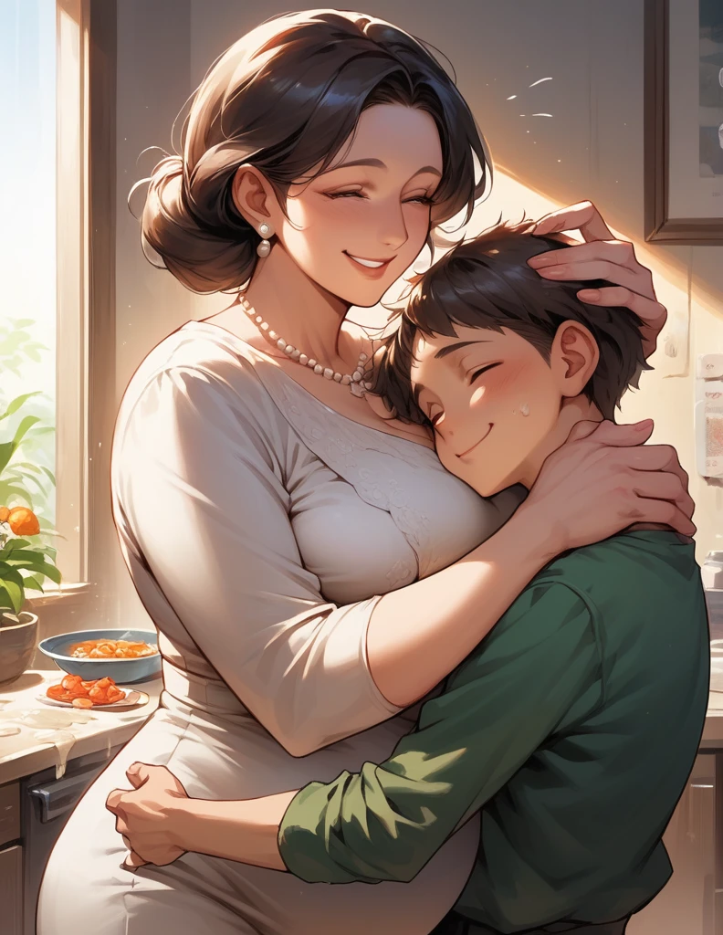 score_9, score_8_superior, score_7_superior, sauce_anime, One boy, One girl, Mature woman 45 years old, Mother and son, hug, smile, Expectant mom, Put your hands on your head, Kneel,10 Months Pregnant