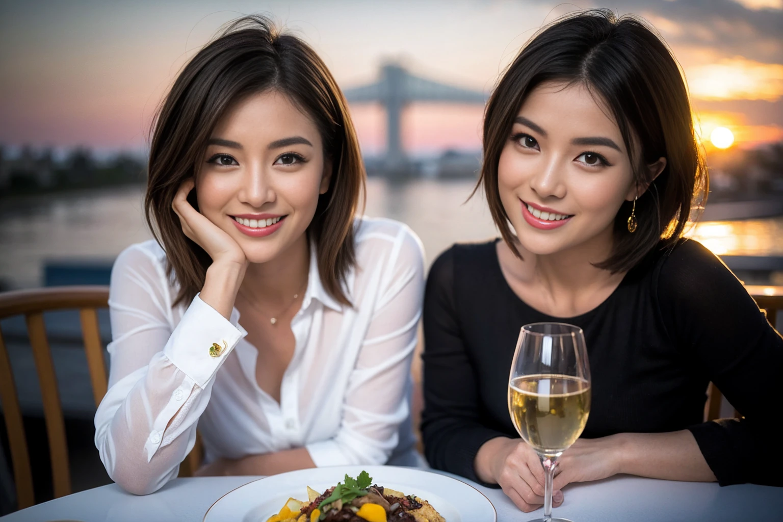 ((Highest quality、8k、masterpiece:1.3))、cute、slimカップル、modelカップル、actress男優、(Realistic, Intricate details:1.2), full-course dinner、Wine Party、Amazing view of the sunset sky and clouds、A bright smile、short hair,Bright Face、 (45 years old), 42 years old, red wine 、Appetizers、Italian food、Wine bottle、Champagne、sparkling wine、Two beauties、Brown Hair、Shortcuts、Long sleeve shirt、dress、Beautiful woman 1, (slimな顔), (The body is slim), (Brown Hair), (Shortcuts), cheeks turn a little red,Attractive beauty、restaurant, In a prominent place (From the waist up) Nova Frog Style, actress, model, Upper Body, White wine, slim, wine glass, 中央に置かれたwine glass, smile, (smile: 1.15), Beautiful fine grain, Depth f/2,saturation, High Contrast, Strong light and shadow,Moist Body:1.5、3D texture、Delicate eyes、Brown Hair、The hair is very shiny、