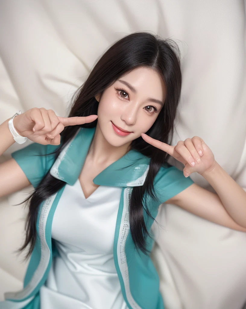 (cowboy shot), 1girl, (raised arms, index fingers at cheeks), smiling, wide smile, beautiful Japanese female nurse wearing aqua Nurse dress, beautiful detailed face, slim, black lob hair, brown eyes, pale skin, fair skin, realistic skin, detailed cloth texture, detailed hair texture, Perfect proportion, Beautiful Face, (perfect eyes), (detailed eyes), solid circle eyes, sparkling eyes, (clean eyes), accurate, Anatomically correct, Highly detailed face and skin texture , looking at viewer, modern hospital room, photorealistic,