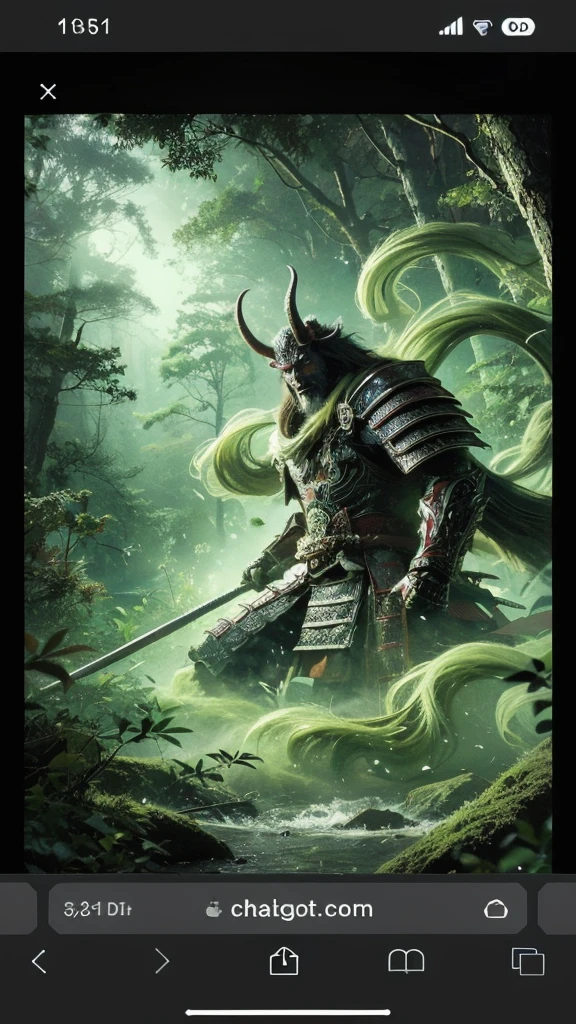 The demon、A traditional Japanese monster、Red skin、Big hornuscular々It is a being with a physique of。He was in the dark forest deep in the mountains、Standing among the ruins of an ancient temple。There is a thick fog all around、Behind them looms the full moon.。The Demon Swordmaster、His gaze is powerful, but、There's something sad about it。His costume is reminiscent of an ancient warrior.々In new armor、Deep blue and green fabric is sewn into the。This image is、It represents the legendary power and spiritual depth of the demon.。