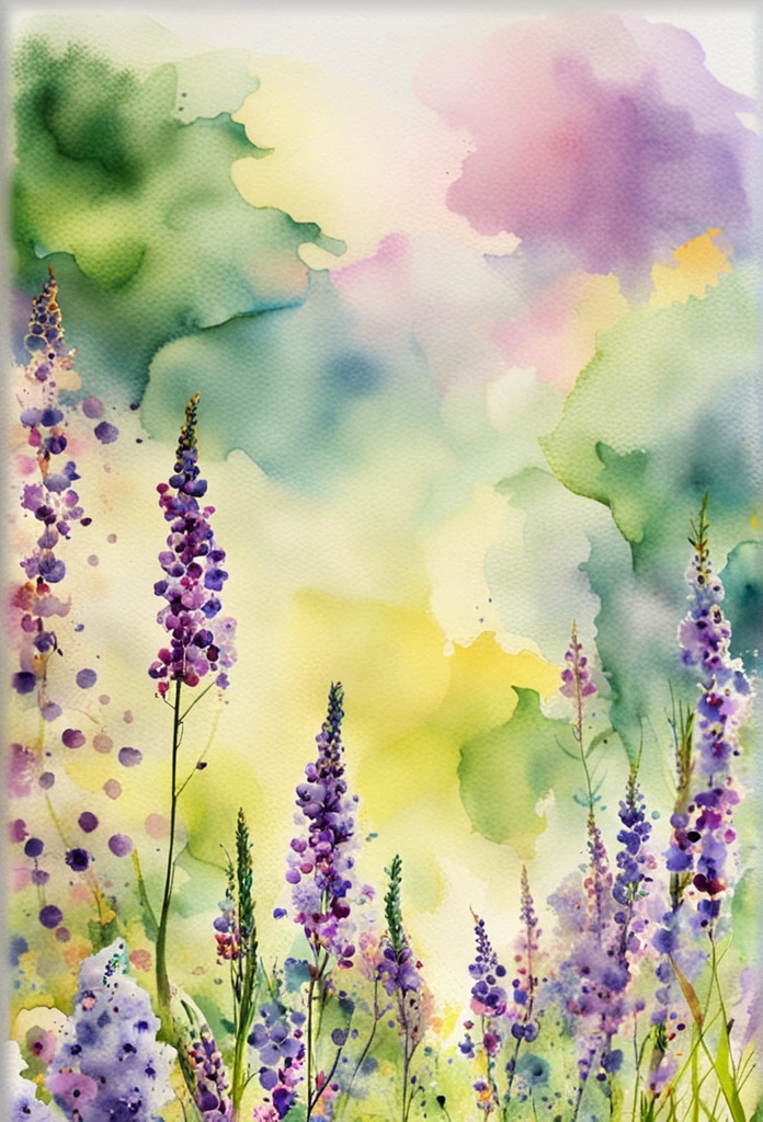 This watercolor flower painting shows an elegant and fresh visual effect。Fields of wildflowers and lavender，Forming the perfect combination of nature and romance。The screen is dominated by a white background，Highlight isolated watercolor flower。Rendering with ink，Splash technology recreates wet conditions，The atmosphere seems vague and dreamy。Unique compositions and abstract representation add to the artistic feel of the picture，Contains elements of surrealism。The overall color tone is mainly light tones，Lilac and green complement each other beautifully，Reveal high-resolution details。The ink splash effect adds a touch of agility to the picture，The pale color gives the flowers a deep and restrained beauty.。