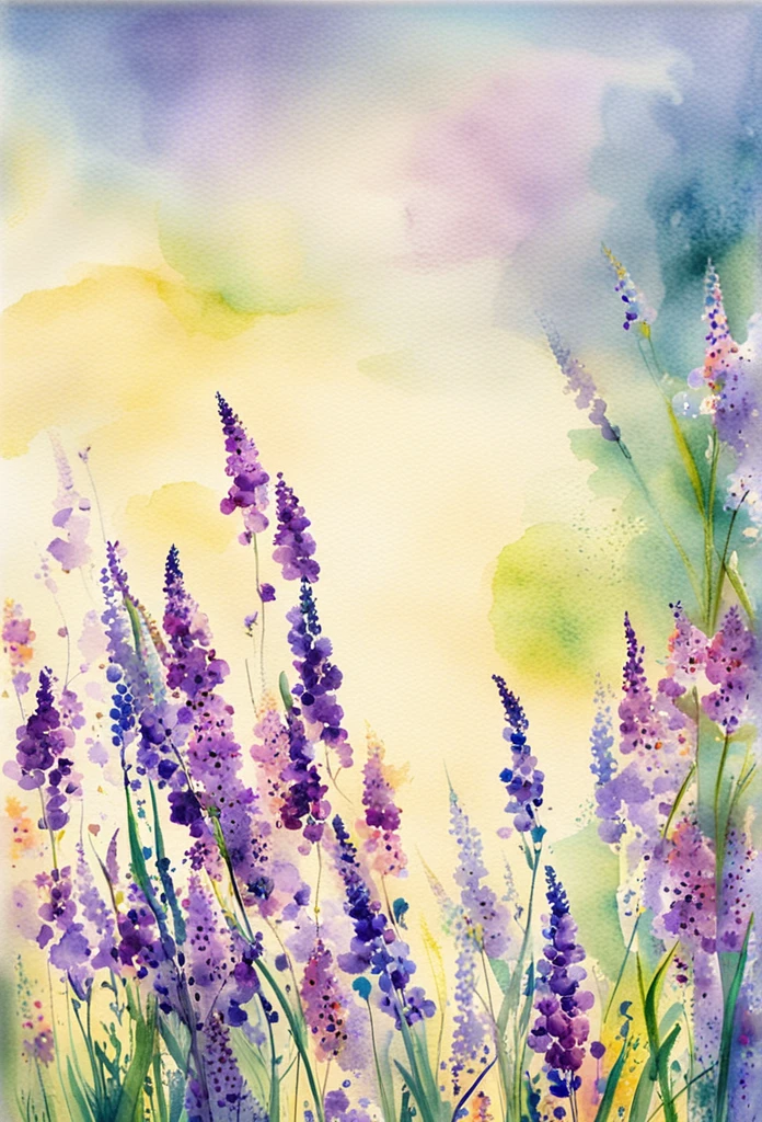 This watercolor flower painting shows an elegant and fresh visual effect。Fields of wildflowers and lavender，Forming the perfect combination of nature and romance。The screen is dominated by a white background，Highlight isolated watercolor flower。Rendering with ink，Splash technology recreates wet conditions，The atmosphere seems vague and dreamy。Unique compositions and abstract representation add to the artistic feel of the picture，Contains elements of surrealism。The overall color tone is mainly light tones，Lilac and green complement each other beautifully，Reveal high-resolution details。The ink splash effect adds a touch of agility to the picture，The pale color gives the flowers a deep and restrained beauty.。