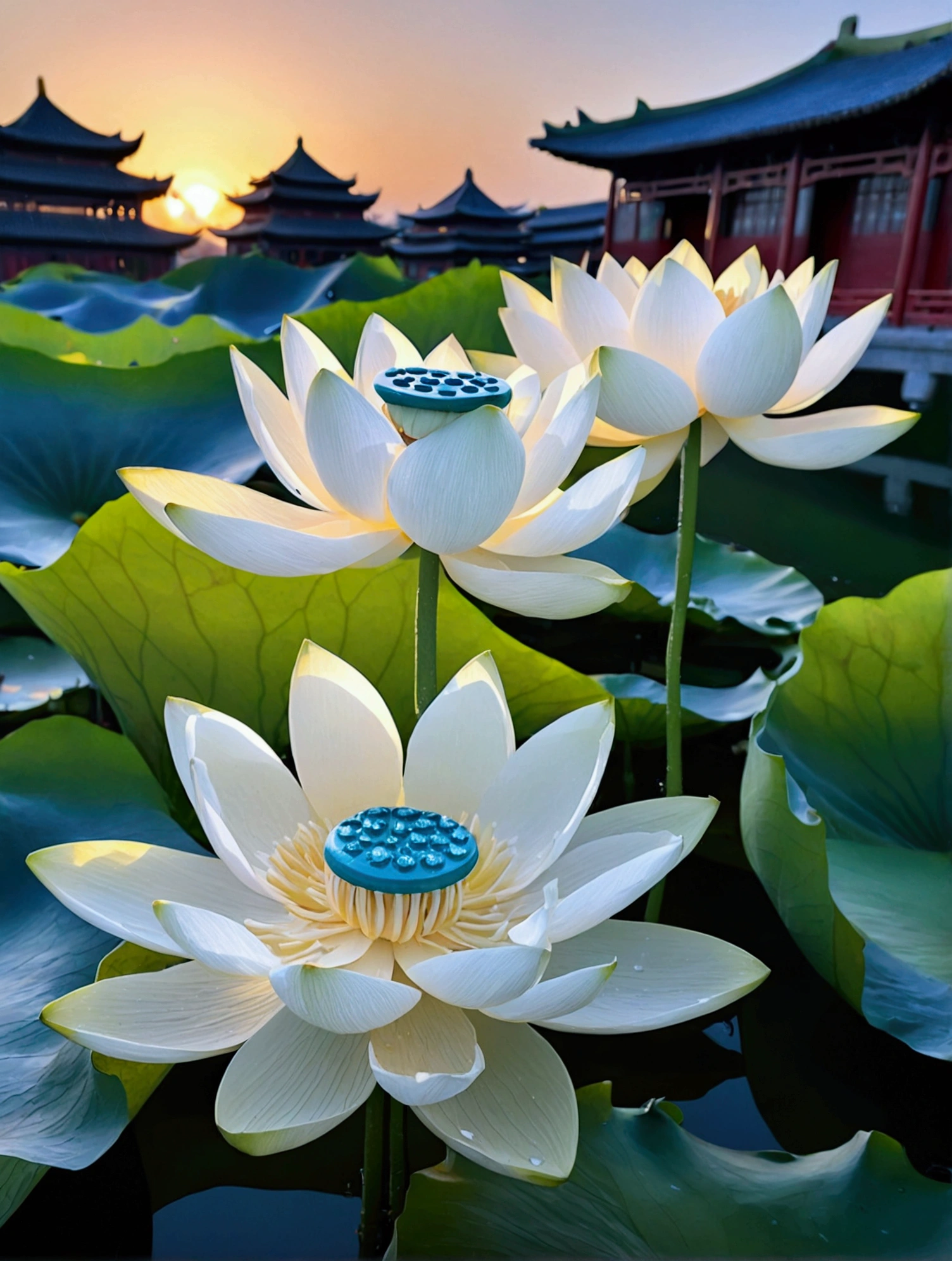 There are a lot of dew on the light white lotus,There is a Chinese building behind,There is a beautiful sunset,Real photography,Fresh and natural picture,best quality, high resolution, 16K