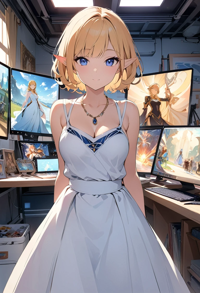 Waist shot of a female elf, Complex, Narrow Face, elegant, Wearing a sapphire necklace, White lightweight dress with straps, To the camera, Very detailed, Digital Painting, Art Station, Concept Art, Smooth, Sharp focus, figure, ArtJam、Greg Rutkowski、Art by Alphonse Mucha, 8k, Volumetric Fog, bloom, light, lumen, Crank blur