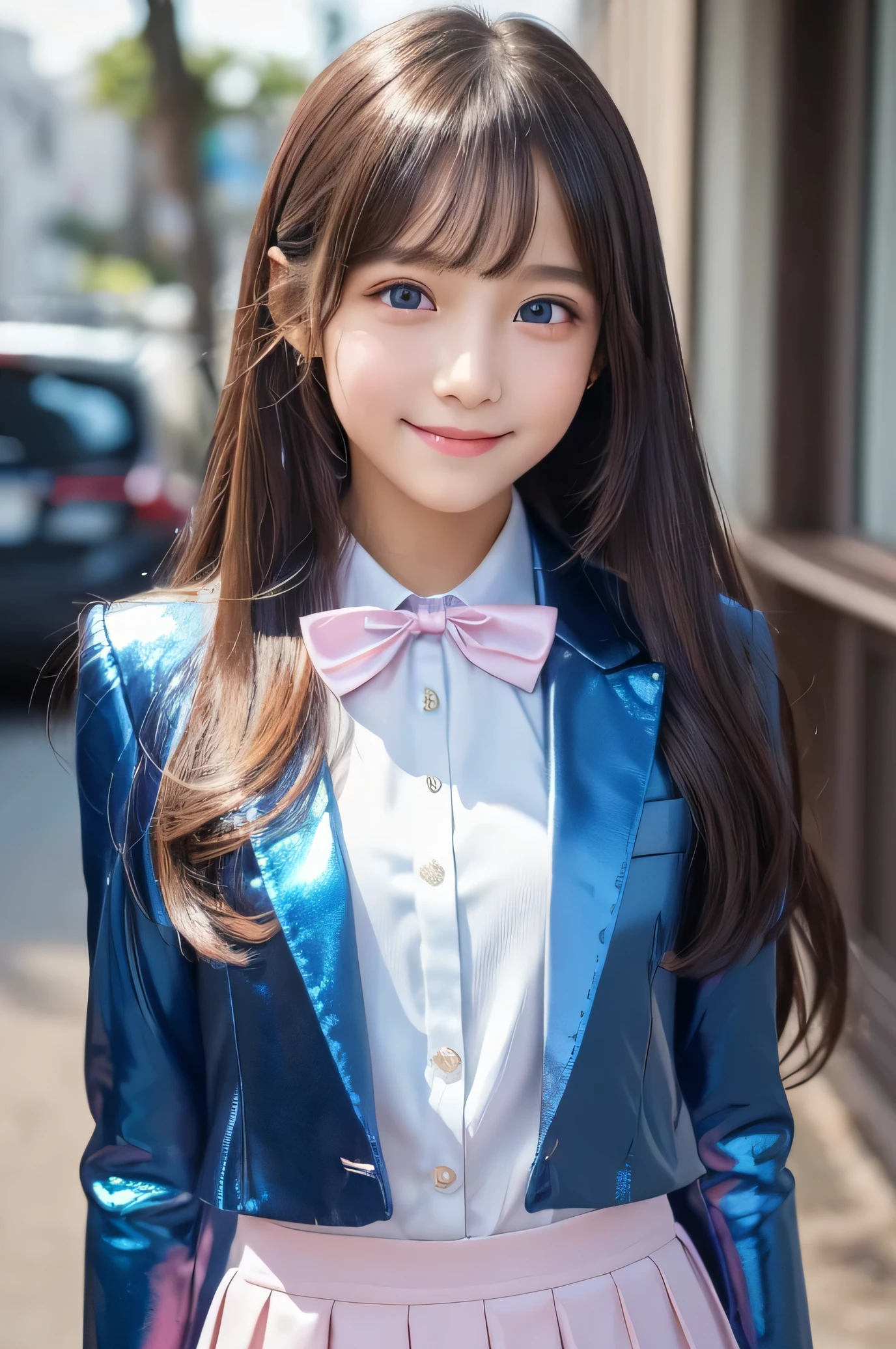(Very beautiful cute girl), (very cute face:1.2),10 yo, (sparking clear attractive large growing eyes), Beautiful detailed eyes, Detailed double eyelids, (smiling), (realistic photograph:1.2), long straight hair, (super shiny metallic dark blue blazer:1),pearl white school blouse,(shiny metallic pink neck bow tie:1),(super shiny metallic dark blue pleated skirt :1)