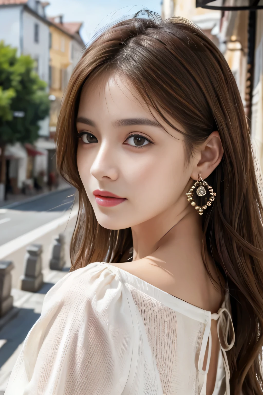 masterpiece, Highest quality, Realistic, Very detailed, Finer details, High resolution, 8k wallpaper, One beautiful woman,Wear a nice blouse, On a wonderful cafe terrace, At noon, Light brown messy hair, Perfect dynamic composition, Beautiful and beautiful eyes、Big earrings、