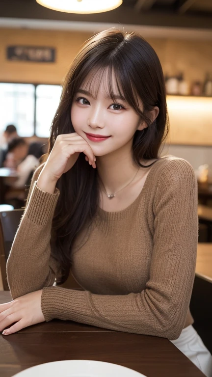 Tabletop, Highest quality, figure, Very detailed, In detail, High resolution, 8k wallpaper, Perfect dynamic composition, Beautiful attention to detail, Shoulder extension long sleeve knit,Bob Hair, Center of chest, Natural color lip, Random sexy poses,smile,20-year-old girl,huge ,Cafe,coffee,Emphasize the chest、Heroes