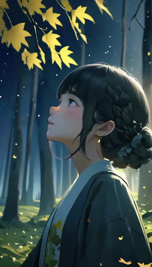 quality\(8k,Highly detailed CG unit wallpaper, masterpiece,High resolution,top-quality,top-quality real texture skin,surreal,Increase the resolution,RAW Photos,highest quality,Very detailed,wallpaper\),BREAK、Circle image、Walking through the ginkgo forest、Long Shot、The subject is small、Beautiful dark forest、fade out to black、Gradation、BREAK、One Girl、Look Up、Highly detailed face、Detailed face、Side Shot、Beautiful profile、Looking up、Blue sky close to black、Stars and Clouds、A fresh angle、BREAK、Overall dark、Cinematic Lighting、Very elaborate lighting、