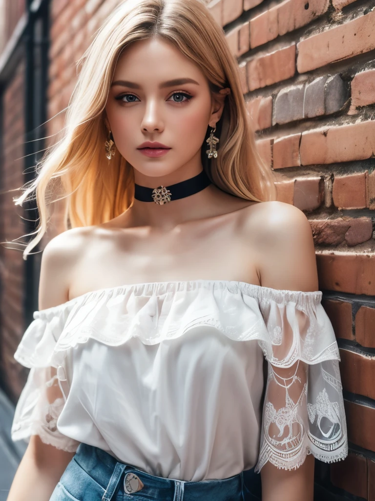 Ultra-realistic 8K raw photos:1.5, masterpiece, ((Highly detailed background, Delicate pattern, Intricate details)), Highest quality, Ultra high definition, Intricate details, chromatic aberration, One girl, Long Hair, Blonde, Messy Hair, Red highlights, Hair on one eye, Sharp eyes, choker, Brick wall, graffiti, Dim lighting, alley, Oversized shirt,Off the shoulder, Sheer white shirt, masterpiece, Highest quality