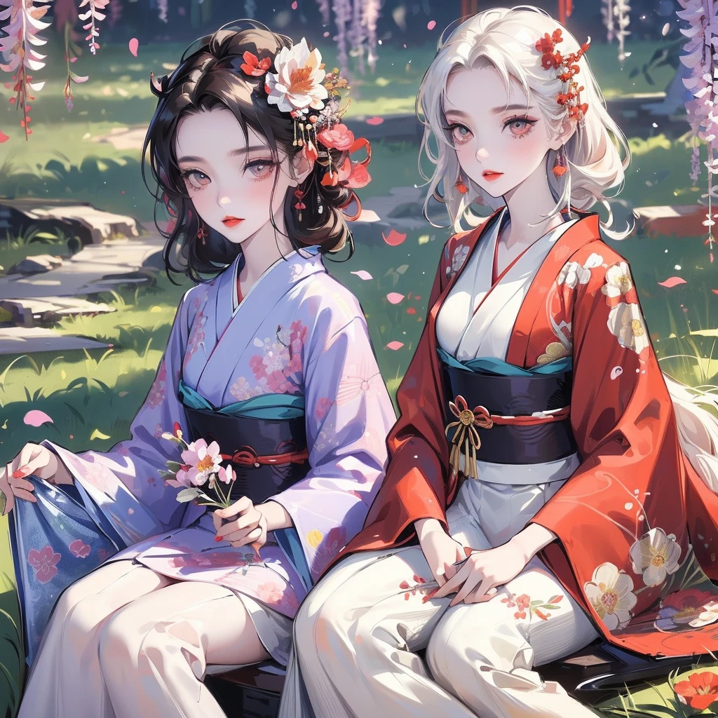 portrait of 1 girl, long hair, short hair, cute big eyes, wavy hair, pale skin, makeup, red lips, sitting,  sitting in field, holding flowers, , kimono, hanfu, floral print, (Beautifully Aesthetic:1.2),field, wisteria, peace, tranquility, serenity, petals