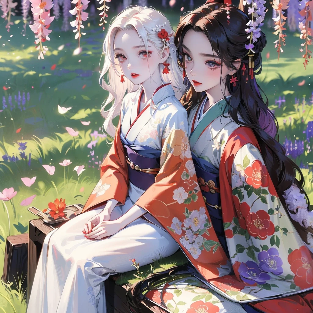 portrait of 1 girl, long hair, short hair, cute big eyes, wavy hair, pale skin, makeup, red lips, sitting, sitting in field, holding flowers, , kimono, hanfu, floral print, (Beautifully Aesthetic:1.2),field, wisteria, peace, tranquility, serenity, petals