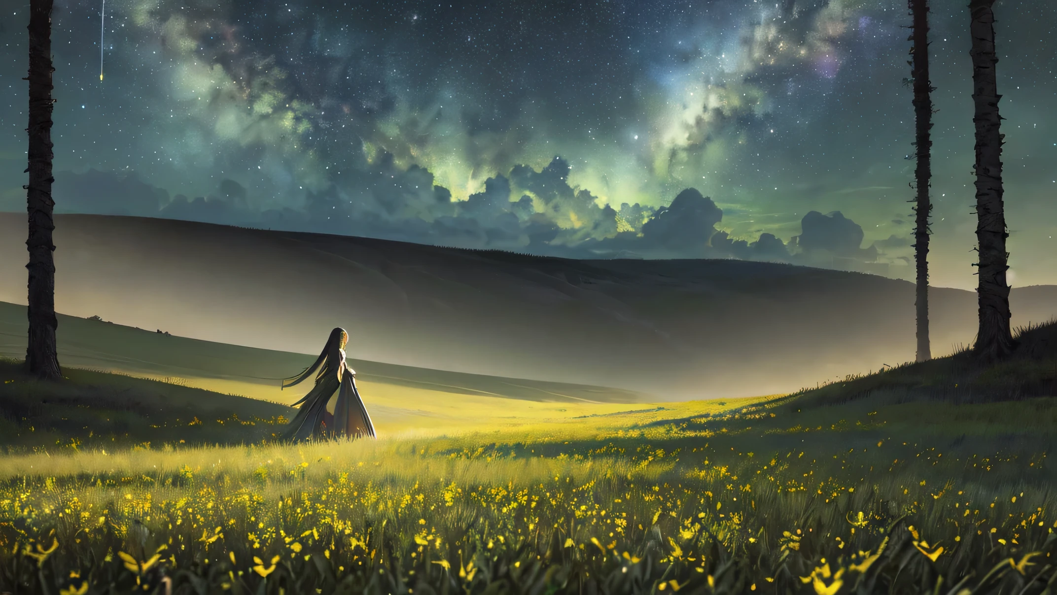 1girl,a field of lush green grass, sparse colorful wildflowers, starry night sky, gentle breeze, detailed foreground, dramatic lighting, cinematic composition, vibrant colors, fantasy landscape, ethereal atmosphere, (best quality,4k,8k,highres,masterpiece:1.2),ultra-detailed,(realistic,photorealistic,photo-realistic:1.37),intricate details,dramatic lighting,vivid colors,cinematic composition,ethereal atmosphere