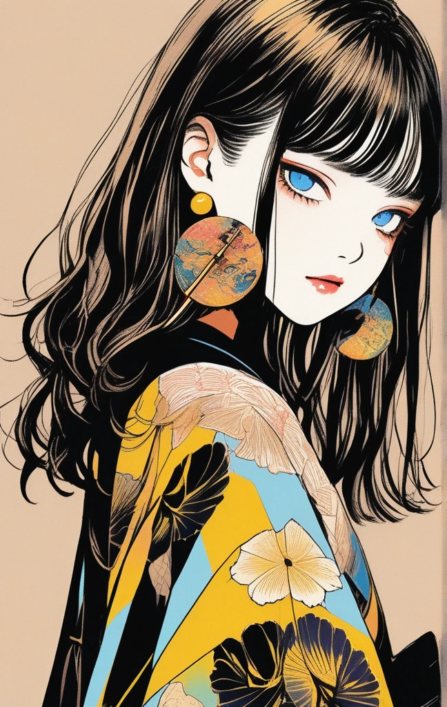 (Highest quality, sketch:1.2),Realistic,An illustrationレーター,anime,1 girl, Detailed lips, kimono,custom, Black and gold gradient background,Neon Hair,Texture Cropping, masterpiece, Style: Retro Classic, Black Style 、An illustration、art、70s horror movie posters, Supervised by Junji Ito、Attention to detail, Realistic Shadows、Analog Style, chromatic aberration, Surrealism、Complementary Gradient、1 girl, 18yo, (flat chest: 1.5), Blue eyes, light brown hair, bob cut, summer outfit, smile, open mouth, standing, upper body, (various pose:1.5), summer festival, holding candy apples with stick, crowd, night, 8k, RAW photo, best quality, masterpiece, extremely detailed 8k wallpaper, ultra-detailed, best shadow, detailed background, beautiful detailed face, beautiful detailed eyes, nice hands, perfect hands