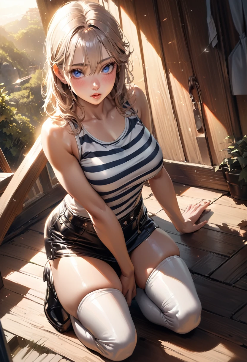 Tabletop, Highest quality,Squat ,Bow-legged,leotard,High leg, elegant, One Girl, Thigh-high boots, Muscular,cute, Blushed, View your viewers, From above,, mini skirt, black and white striped t-shirt, blue eyes, Beautiful Eyes, Beautiful background, Light Particles, Light of the sun, Dramatic lighting, outside, Shiny, Realistic, Tabletop, Highest quality, 非常にdetailedな, detailed, scenery, Beautiful attention to detail, Fine hair