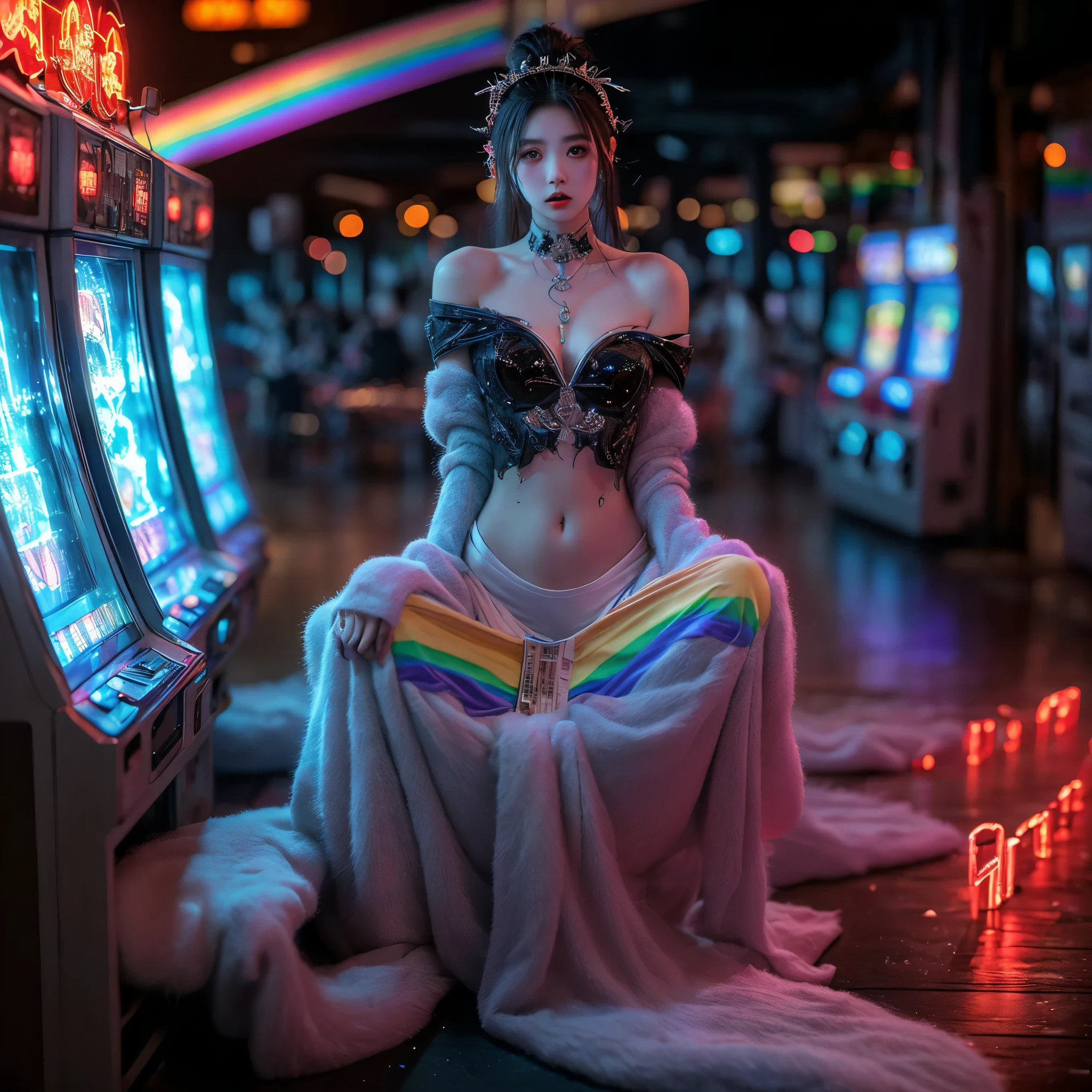 xuer Game girl,full of Game machine,(Temperance in heaven, life and eternity, rainbow:1.4). (Full body shot:1.2),intricate,dark fantasy,ultra detailed,surrealism,weird,expression art,grand scale,epic,zoomed out,wide angle,perfect hands.,Xxmix_Catecat,