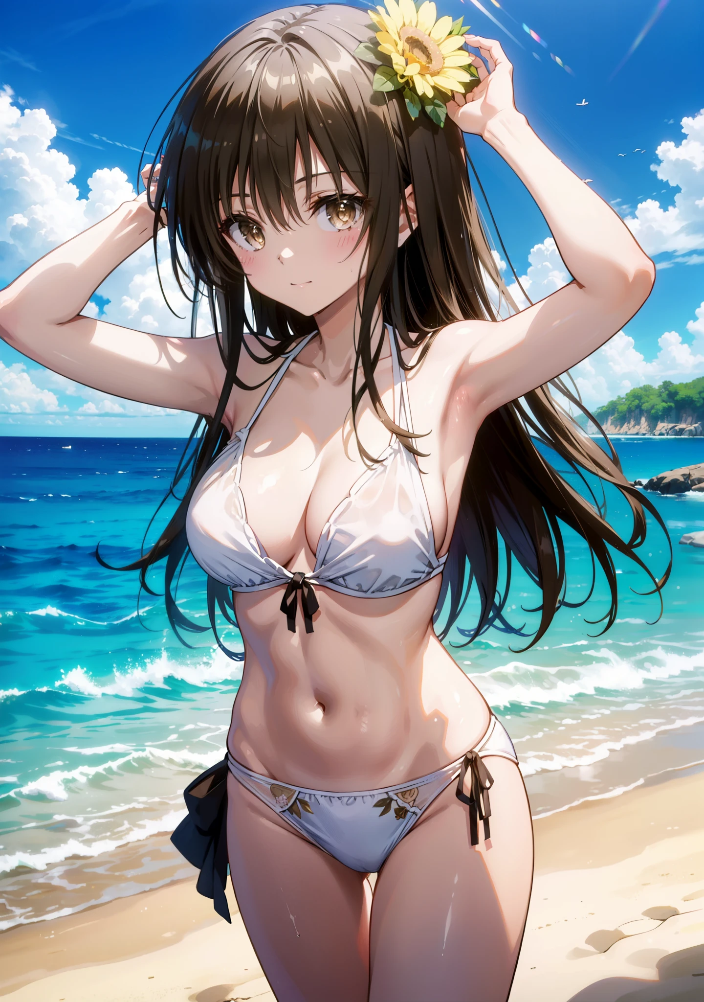 Yuikotegawa, yui kotegawa, Black Hair, (Brown eyes:1.5), Long Hair,Big Breasts,clavicle,smile, (Beach salon), Hair Ribbon, (美しいBig Breasts:1.3), ((salon)),Pareo bikini swimwear,A long, thin cloth wrapped around her bare legs,Belly button,whole bodyがイラストに入るように,
break outdoors, Beach,
break looking at viewer, whole body,(Cowboy Shot:1. 5)
break (masterpiece:1.2), Highest quality, High resolution, unity 8k wallpaper,, (shape:0.8), (Beautiful attention to detail:1.6), Highly detailed face, Perfect lighting, Extremely detailed CG, (Perfect hands, Perfect Anatomy),