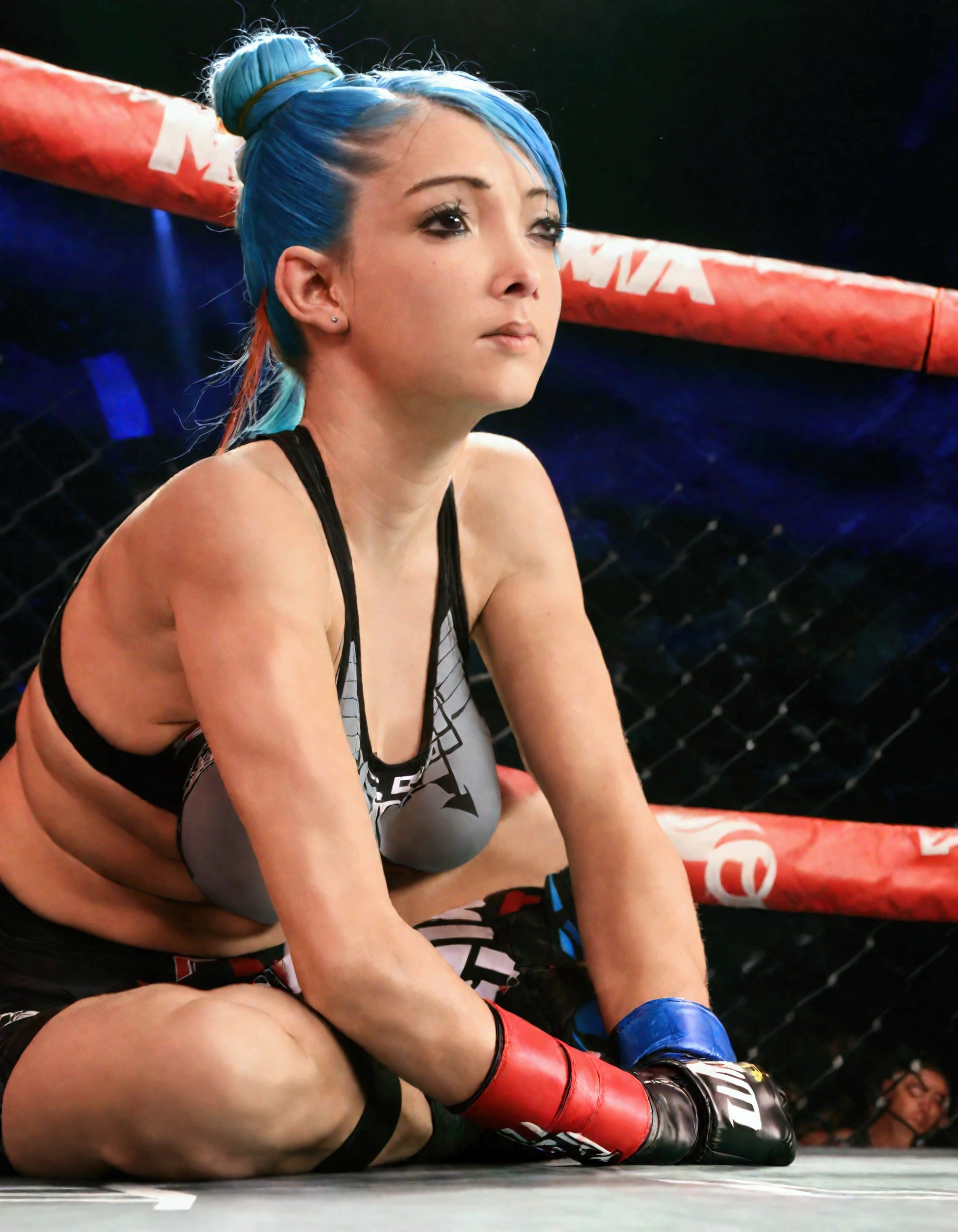 a beautiful young woman, athletic, with her hair tied up in a tight bun, wearing brightly colored MMA fighting gear, standing in an octagon fighting ring, viewed from a low angle outside the ring, masterpiece, (best quality, 4k, 8k, highres, ultra-detailed, realistic, photorealistic:1.37), professional studio lighting, physically-based rendering, extremely detailed description, vivid colors, sharp focus, octagon MMA fighting ring, athletic woman MMA fighter, tight bun hairstyle, colorful MMA outfit, low angle outside the ring, dynamic action pose