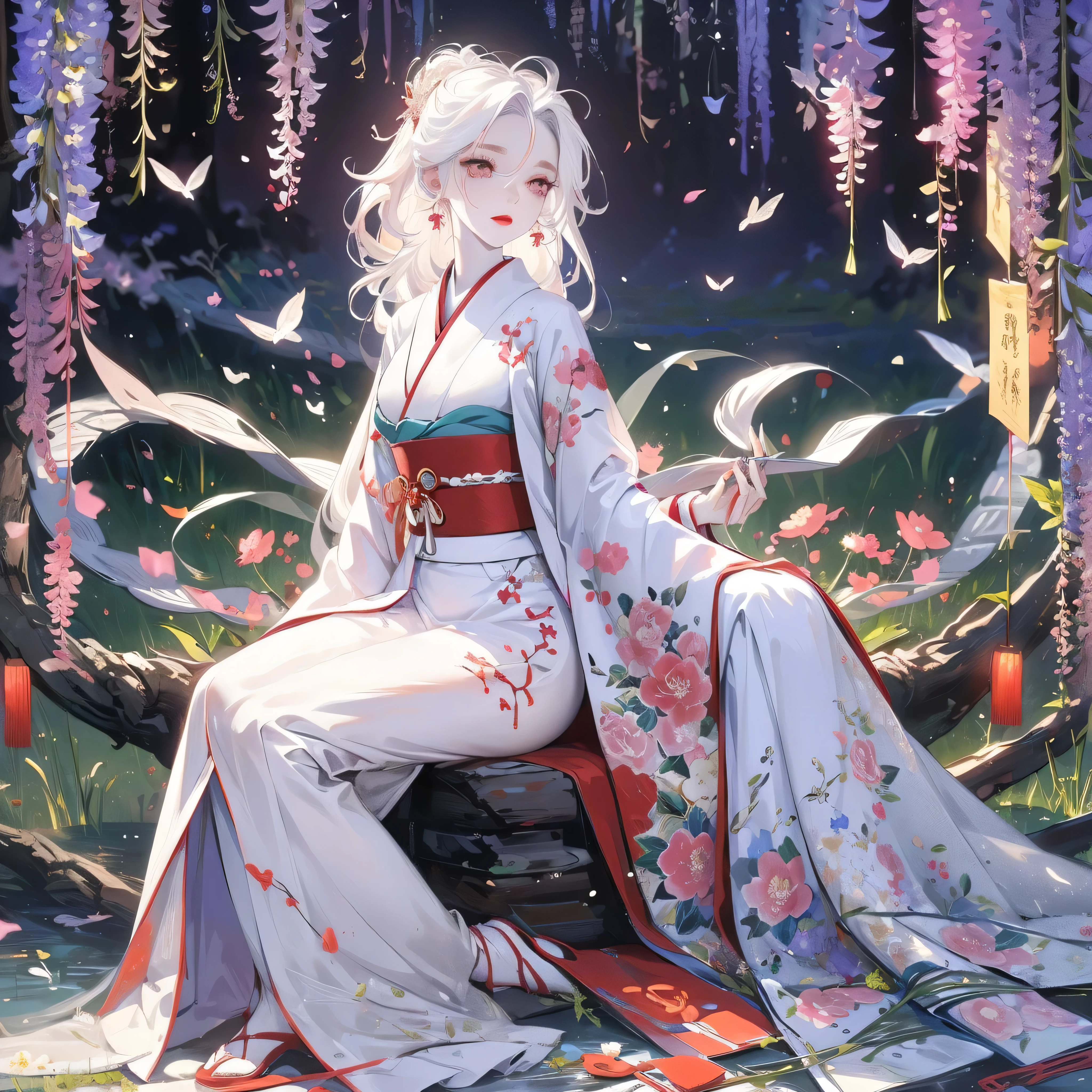 1 girl, long hair, white hair, cute big eyes, wavy hair, pale skin, makeup, red lips, sitting,  sitting in field, holding flowers, fullbody, kimono, hanfu, floral print, (Beautifully Aesthetic:1.2),field, wisteria, peace, tranquility, serenity, petals