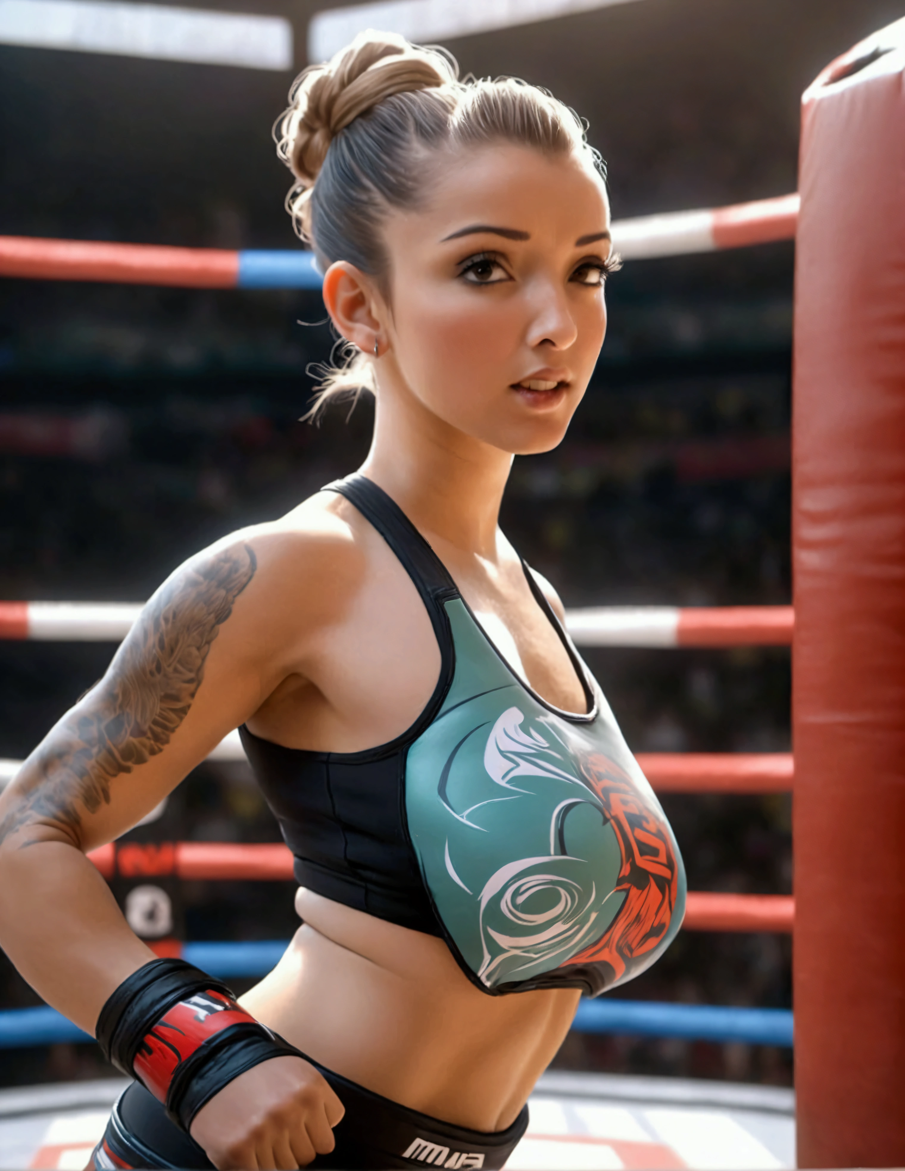 in a dirty abandoned boxing ring, (an ultra hot gorgeous Brazillian woman, age 18, jet black hair, green eyes, she’s a playmate, men magazine model. (Cobalt blue boxing shorts), (topless, exposed chest), Masterpiece. UHD