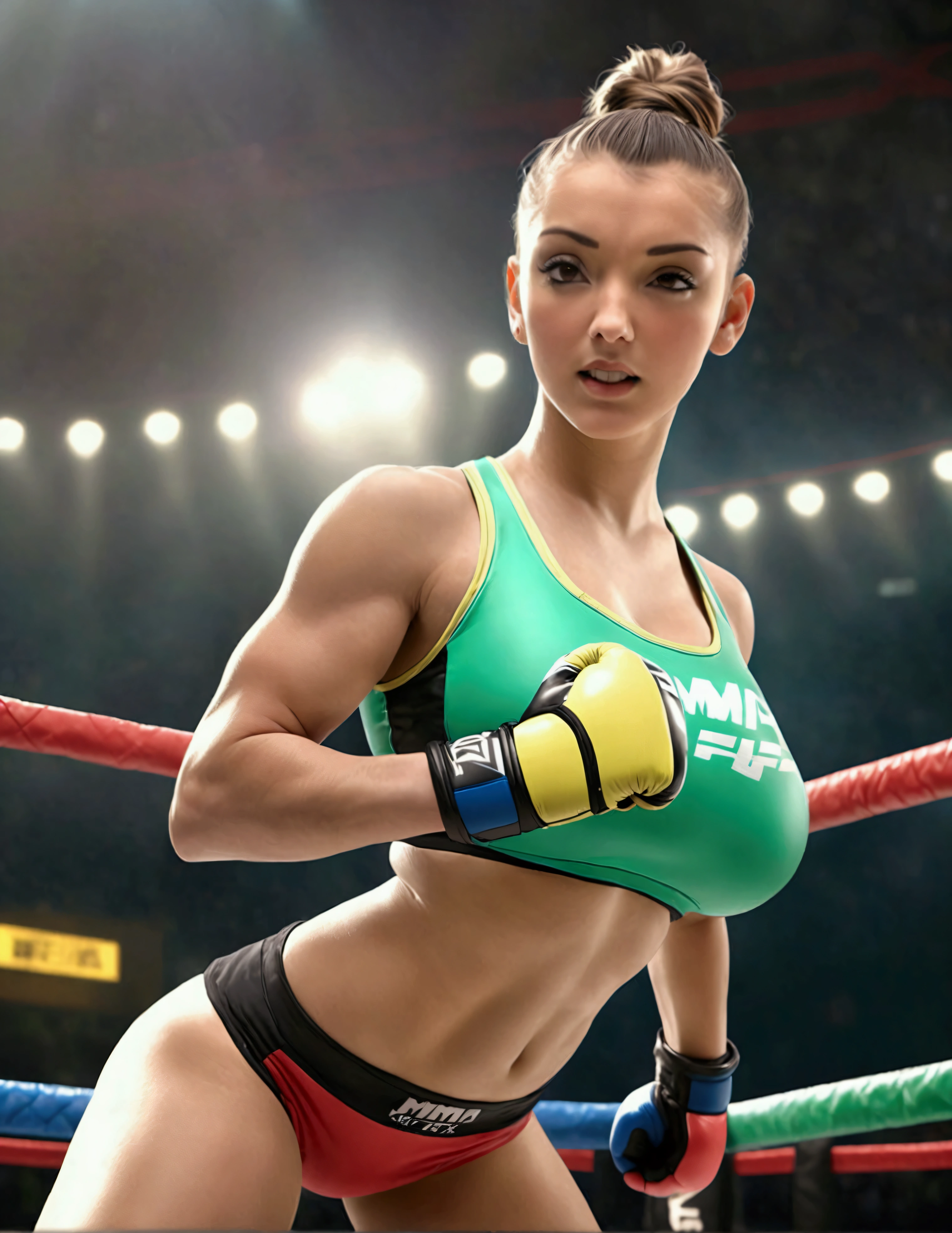 a beautiful young woman, athletic, with her hair tied up in a tight bun, wearing brightly colored MMA fighting gear, standing in an octagon fighting ring, viewed from a low angle outside the ring, masterpiece, (best quality, 4k, 8k, highres, ultra-detailed, realistic, photorealistic:1.37), professional studio lighting, physically-based rendering, extremely detailed description, vivid colors, sharp focus, octagon MMA fighting ring, athletic woman MMA fighter, tight bun hairstyle, colorful MMA outfit, low angle outside the ring, dynamic action pose