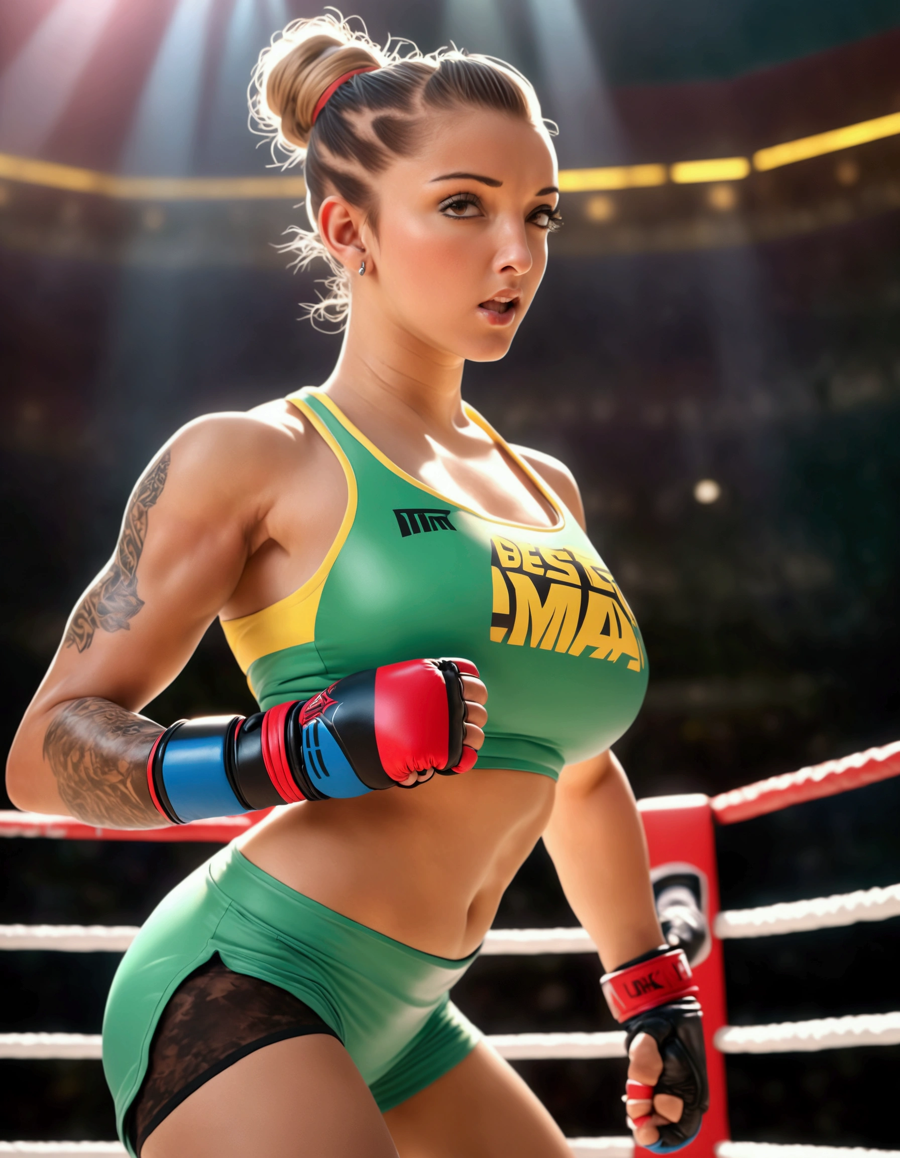 a beautiful young woman, athletic, with her hair tied up in a tight bun, wearing brightly colored MMA fighting gear, standing in an octagon fighting ring, viewed from a low angle outside the ring, masterpiece, (best quality, 4k, 8k, highres, ultra-detailed, realistic, photorealistic:1.37), professional studio lighting, physically-based rendering, extremely detailed description, vivid colors, sharp focus, octagon MMA fighting ring, athletic woman MMA fighter, tight bun hairstyle, colorful MMA outfit, low angle outside the ring, dynamic action pose