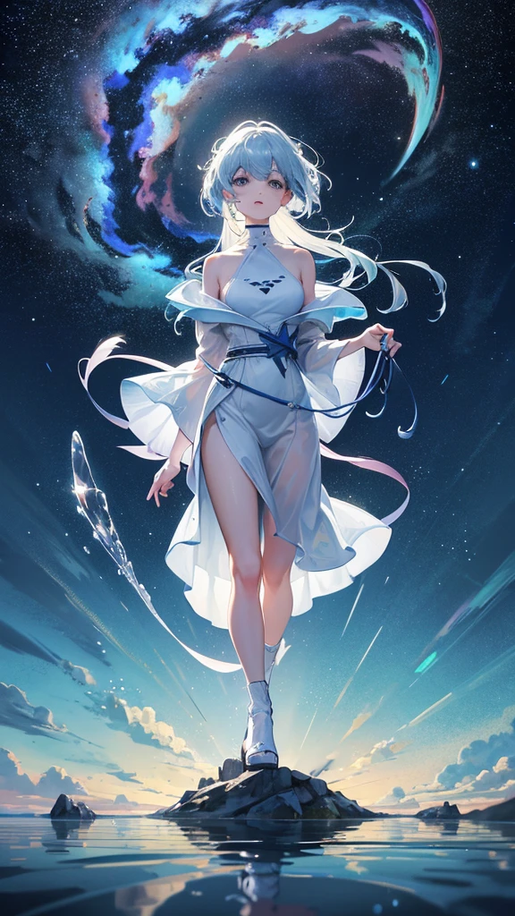 Official Art, Integrated 8K wallpapers, Very detailed, masterpiece, Best image quality,Ultra Wide Angle,night,woman,Standing by the salt lake,The water is like a mirror,Reflecting the sky,Look up at the sky,The Milky Way is in the sky,Dynamic Angle, Grace, Bright colors