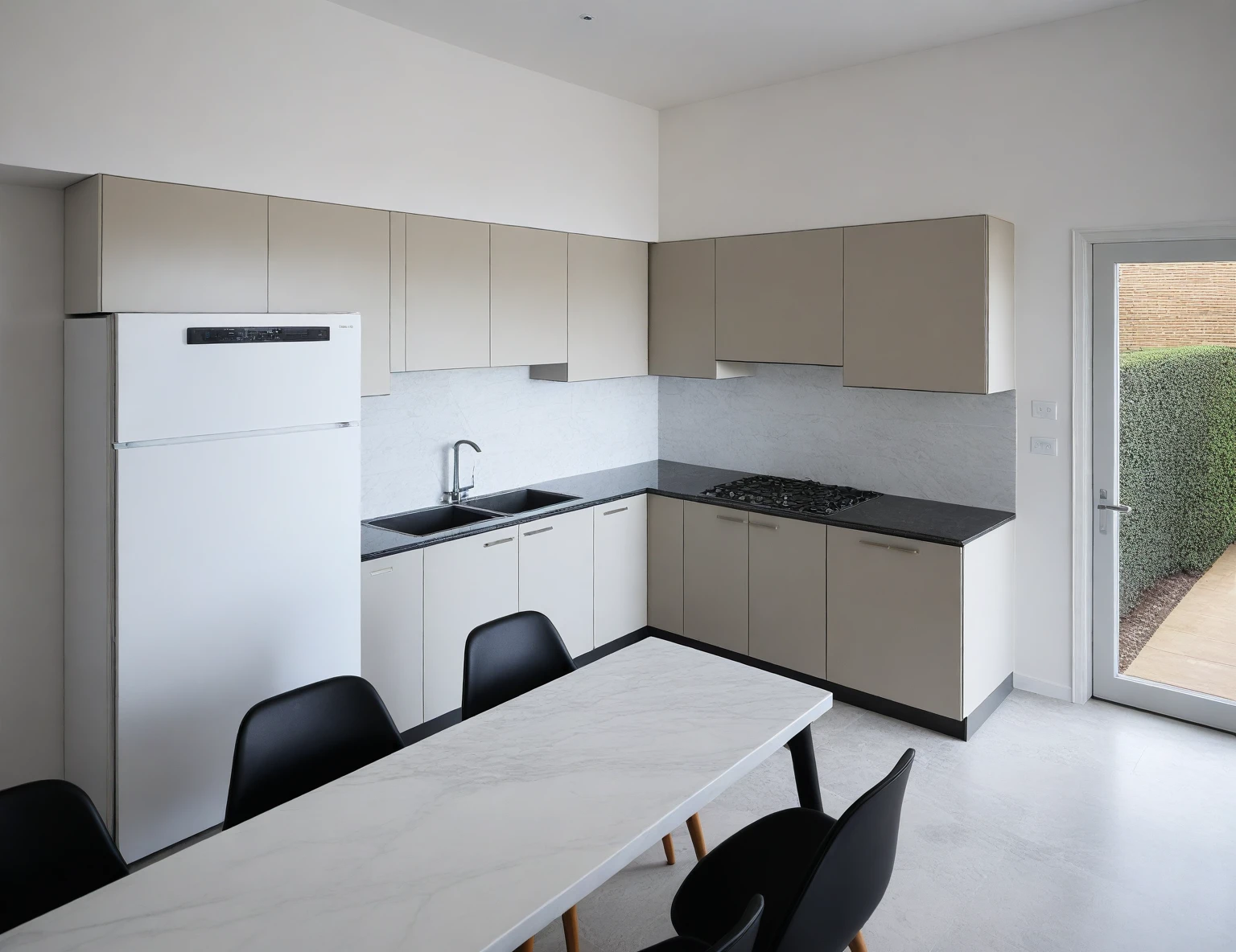 Raw photo,Masterpiece, high quality, best quality, authentic, super detail,
indoors, interior , ((kitchen and dining :1.3)), modern style, daylight, (WHITE WALL),luxury, marble tile floor, fridge, black stone counter top