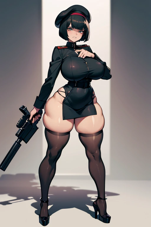  thick hips,  thick thighs, platform heels, mini bikini, huge breast, thin waist, bob cut hair, weapon, tanned skin, gun, moan, open mouth, thick body, fitness, stockings, beret, cyberpunk, sleveless,