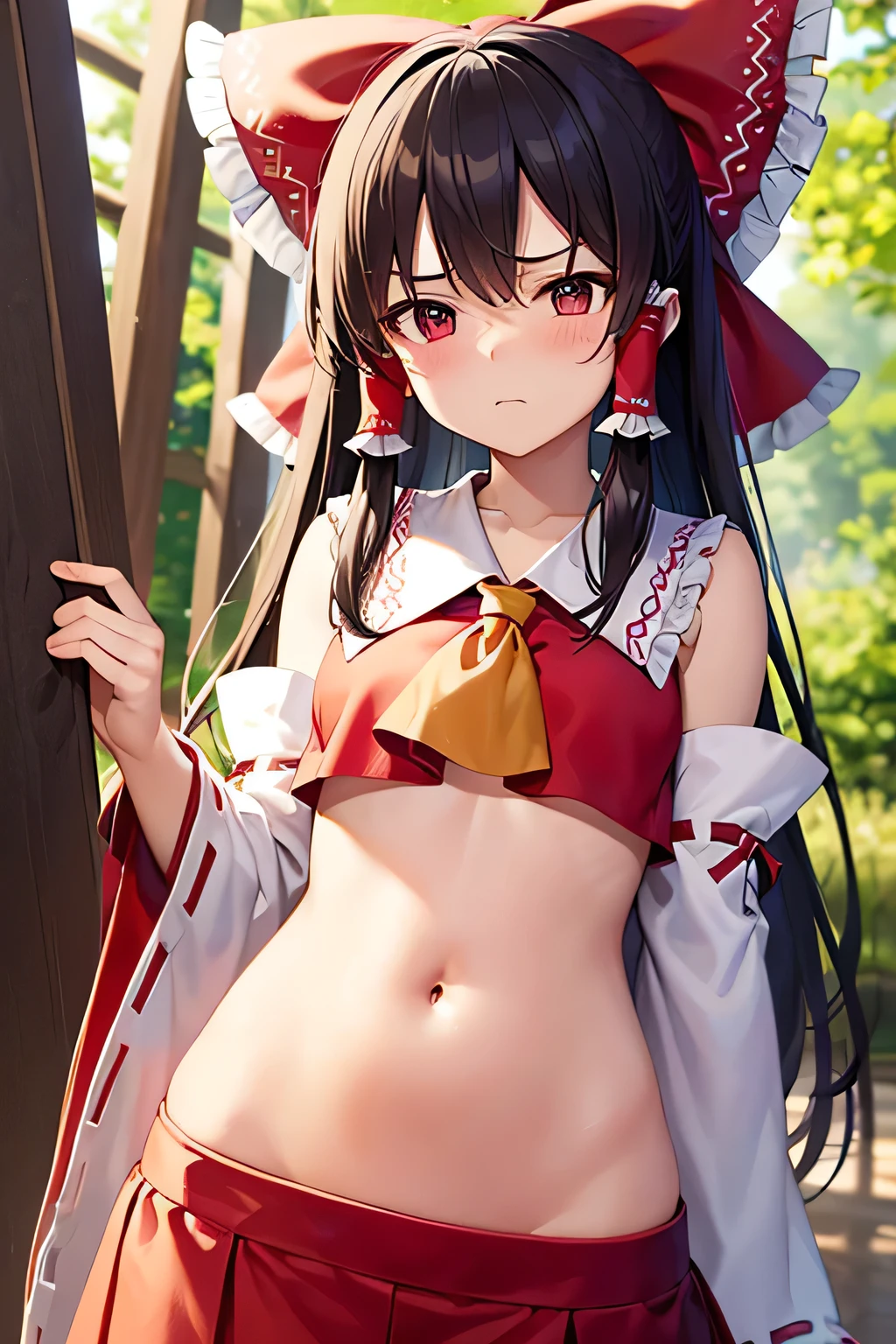 super fine illustration, vibrant colors, masterpiece, sharp focus, best quality, depth of field, cinematic lighting, ultra detailed, blush, belly button, navel, tummy, shrine maiden, hakurei reimu, 1girl, hair bow, ascot, hair tubes, detached sleeves, looking down, red shirt, red skirt, very long hair, very messy hair, dark brown hair, outdoors, mature woman, ,hakurei reimu, 1girl, hair bow, ascot, hair tubes, miko, detached sleeves, Reimu Hakurei, stomach, annoyed, catwalk (modeling),