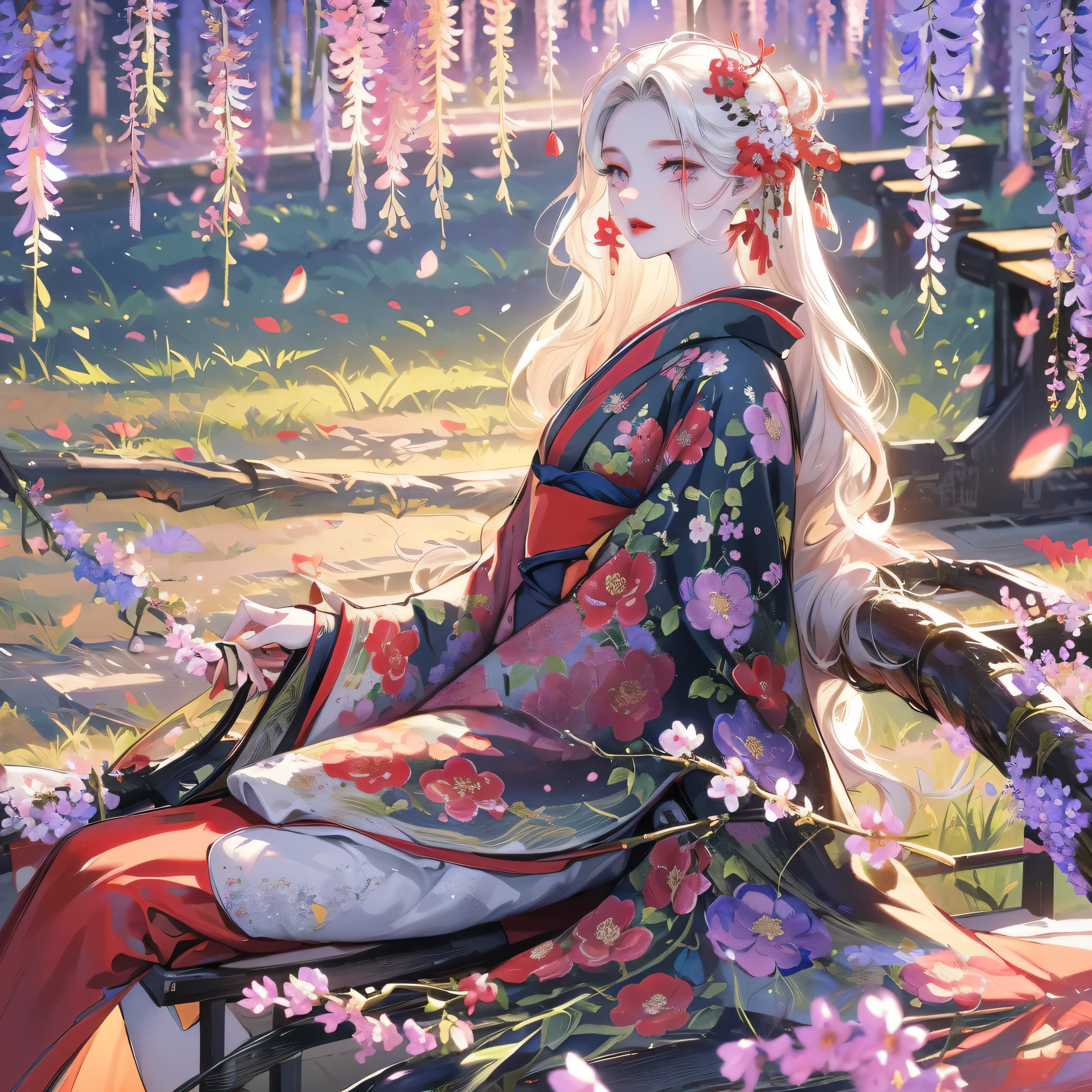 portrait of 1 girl, long hair, short hair, cute big eyes, wavy hair, pale skin, makeup, red lips, sitting, sitting in field, holding flowers, , kimono, hanfu, floral print, (Beautifully Aesthetic:1.2),field, wisteria, peace, tranquility, serenity, petals