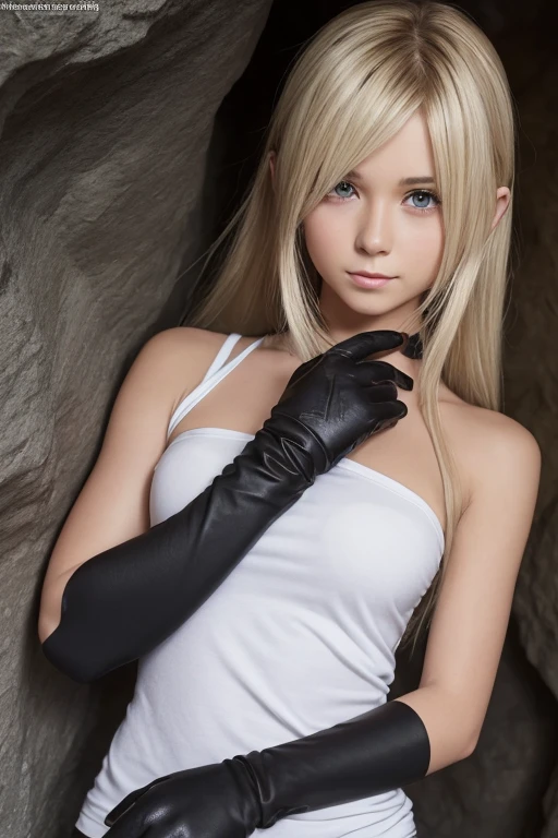1 girl, bethel, black eye, bare shoulders, chest, medium chest, long blond hair, hair over one eye, hits, gloves, His manga, alone, shirt, fingerless gloves, white shirt, His manga shirt, turn your arms behind your back, off the shoulder, horn, smile, (masterpiece), (of the highest quality), (Super detailed), In a dimly lit cave, blue flower,