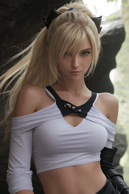 1 girl, bethel, black eye, bare shoulders, chest, medium chest, long blond hair, hair over one eye, hits, gloves, His manga, alone, shirt, fingerless gloves, white shirt, His manga shirt, turn your arms behind your back, off the shoulder, horn, smile, (masterpiece), (of the highest quality), (Super detailed), In a dimly lit cave, blue flower, 